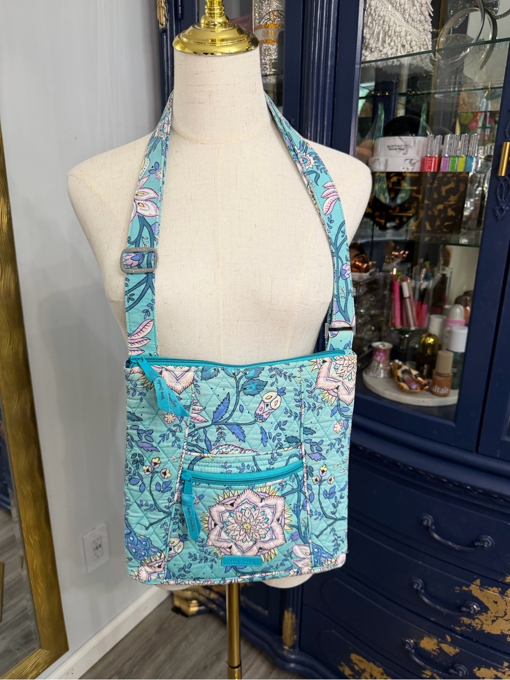 Vera Bradley Peacock Garden Hipster Crossbody Bag Quilted Teal Blue Floral Purse